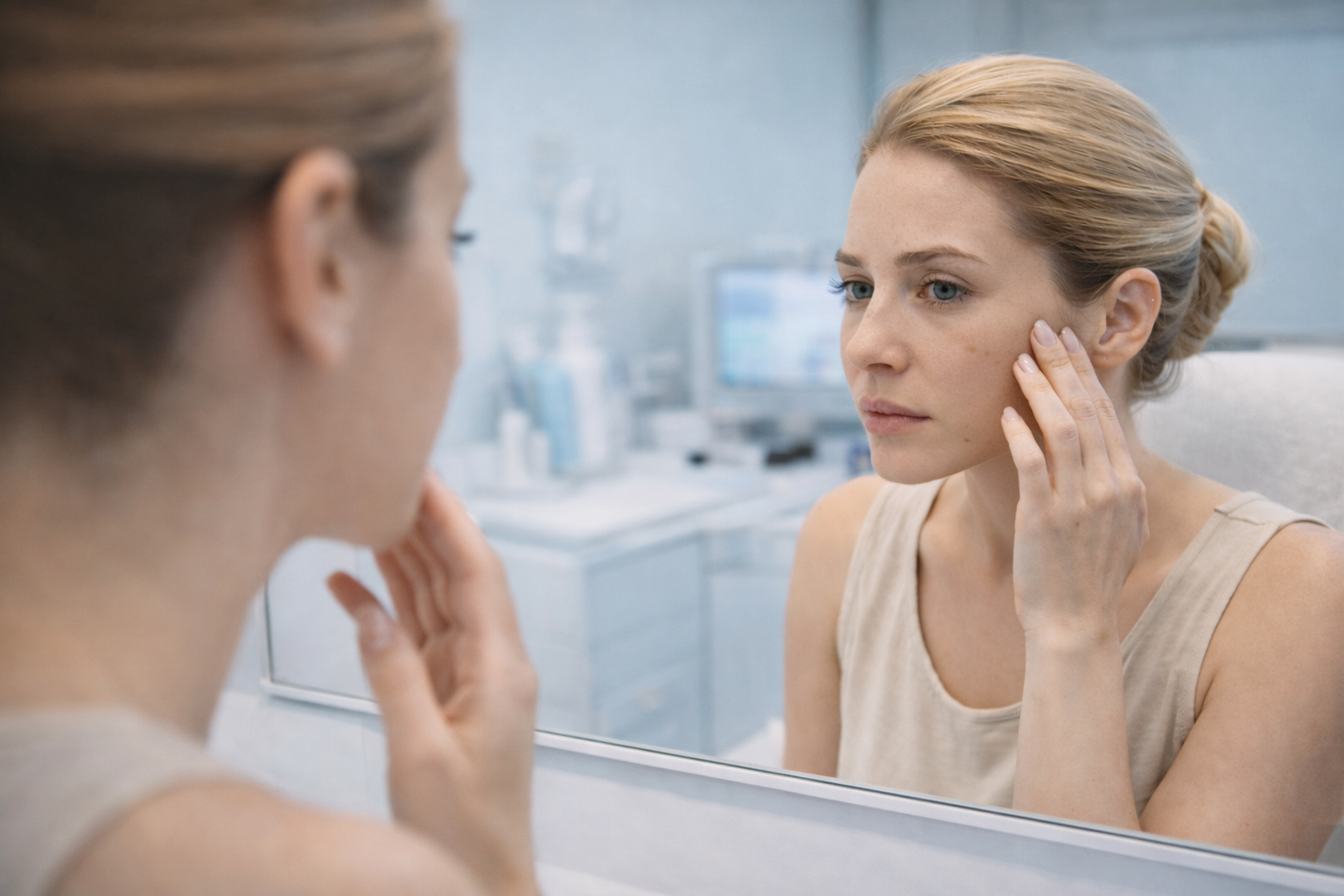 A close-up image of a person's skin with a minor blemish, symbolizing the personal nature of skin concerns and the attention to detail in treatment.